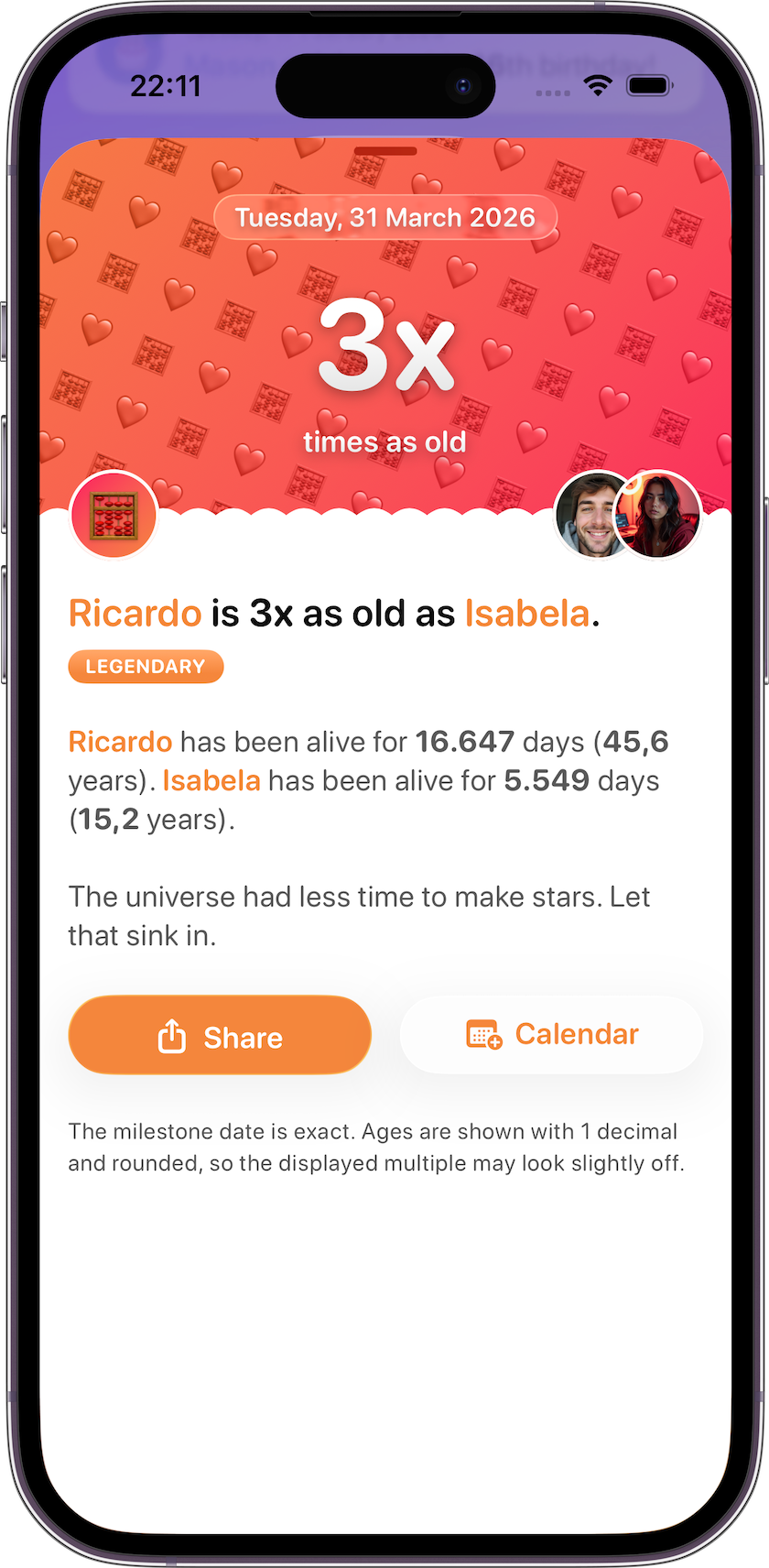 Times-as-old milestone detail showing when a parent is exactly twice as old as their child