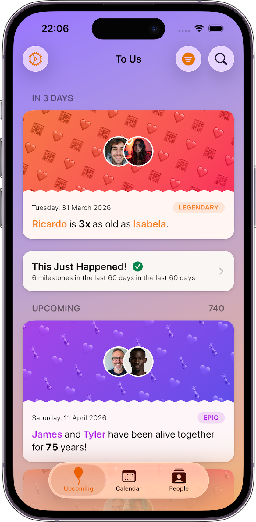 To Us app timeline showing upcoming birthday and age milestones on iPhone