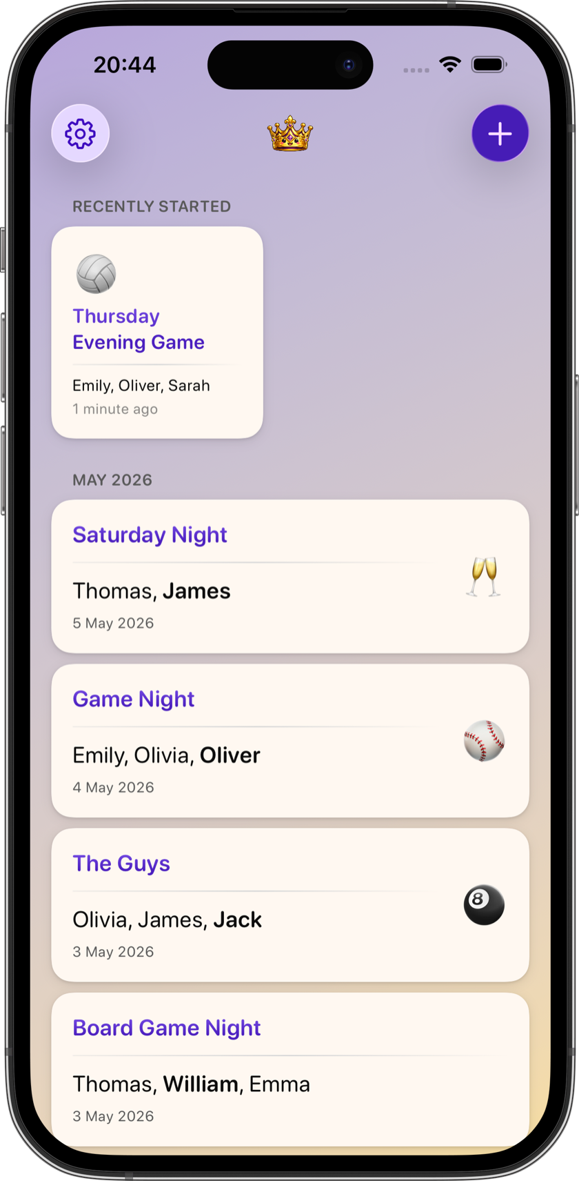Points Tracker home screen showing a list of recent games