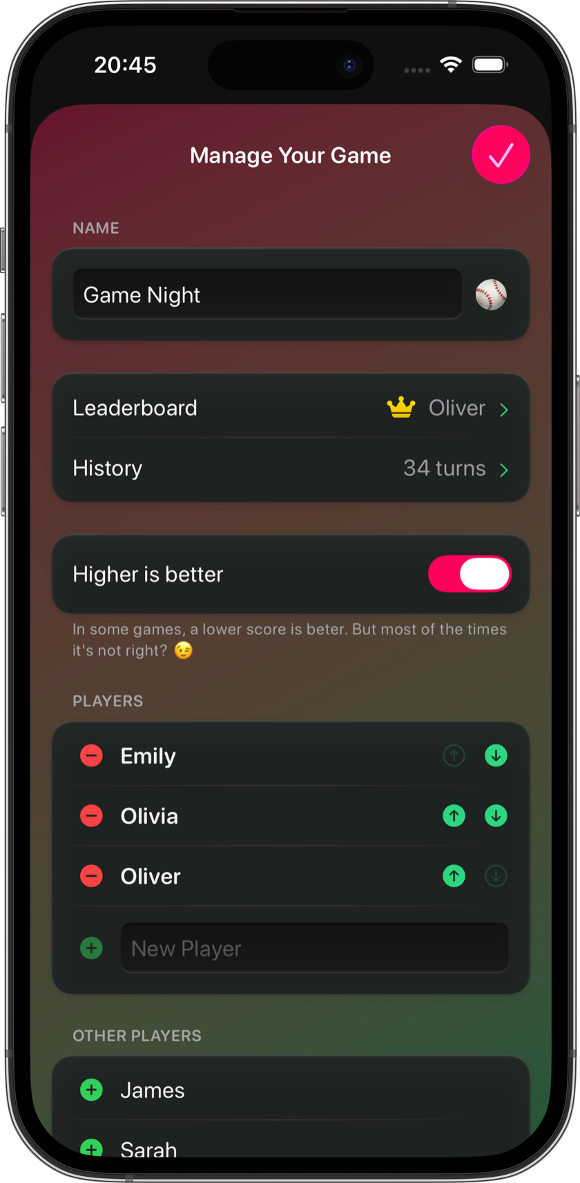 Manage game screen for configuring players and settings