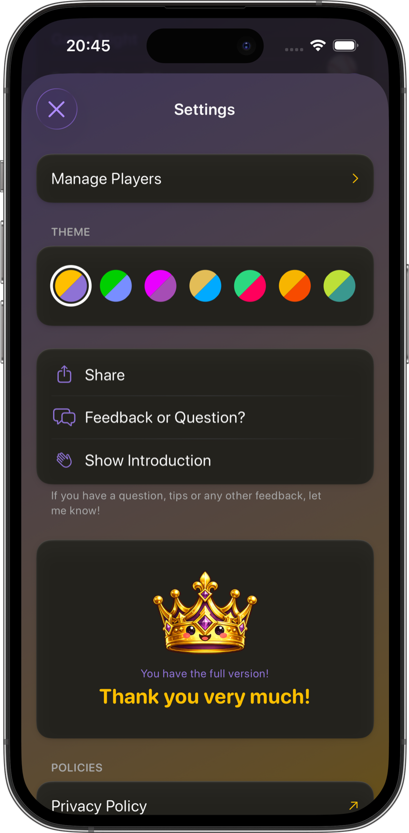 Settings screen showing six colour themes