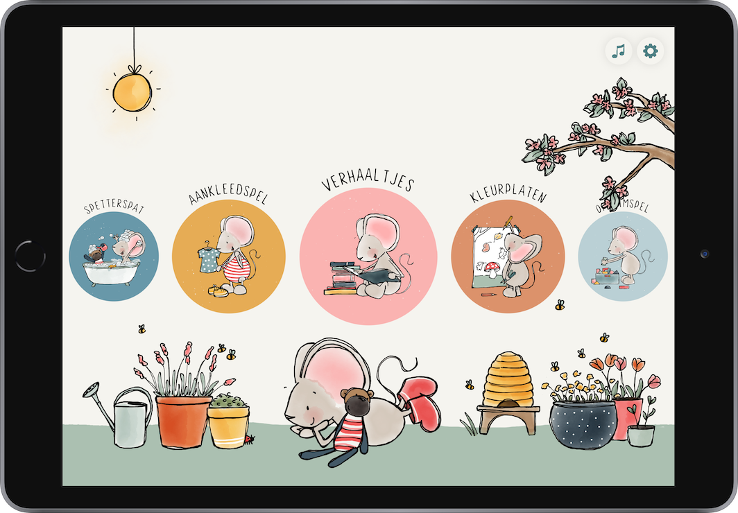 Thuis bij Muis on iPad – main menu with all games