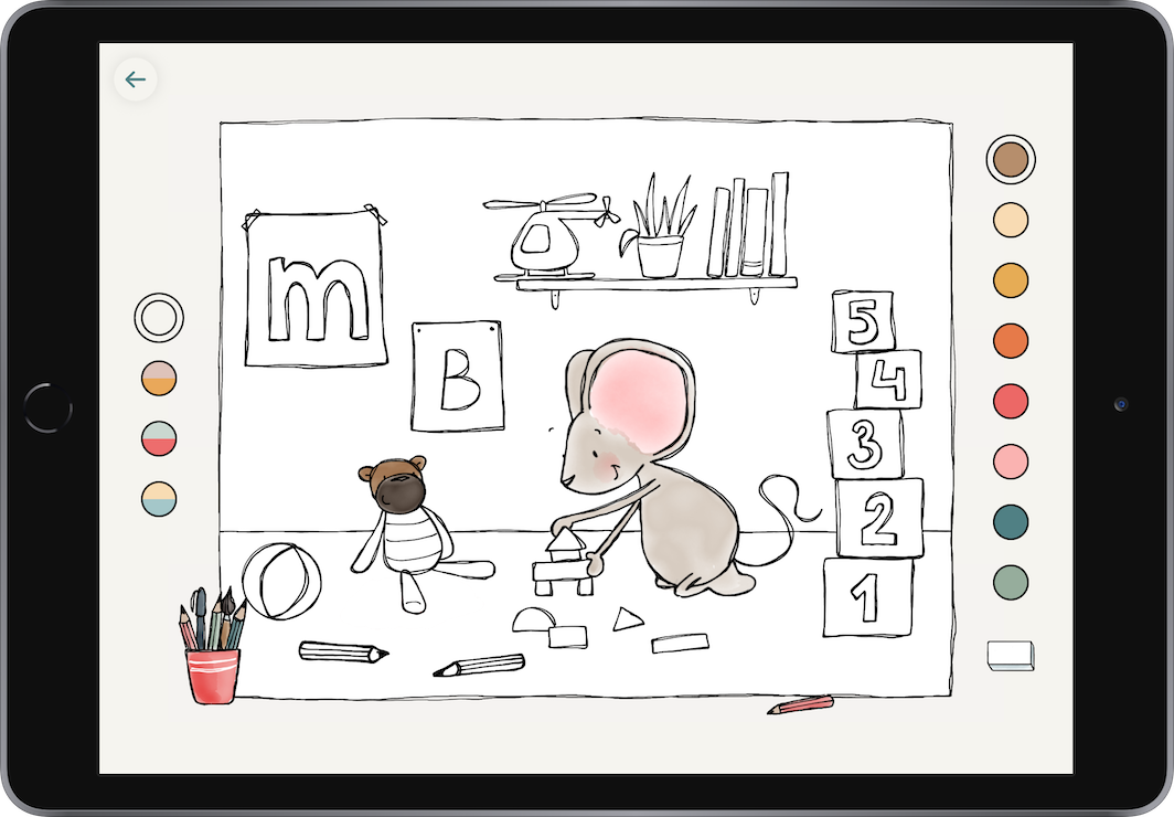 Thuis bij Muis on iPad – colouring a page with Mouse