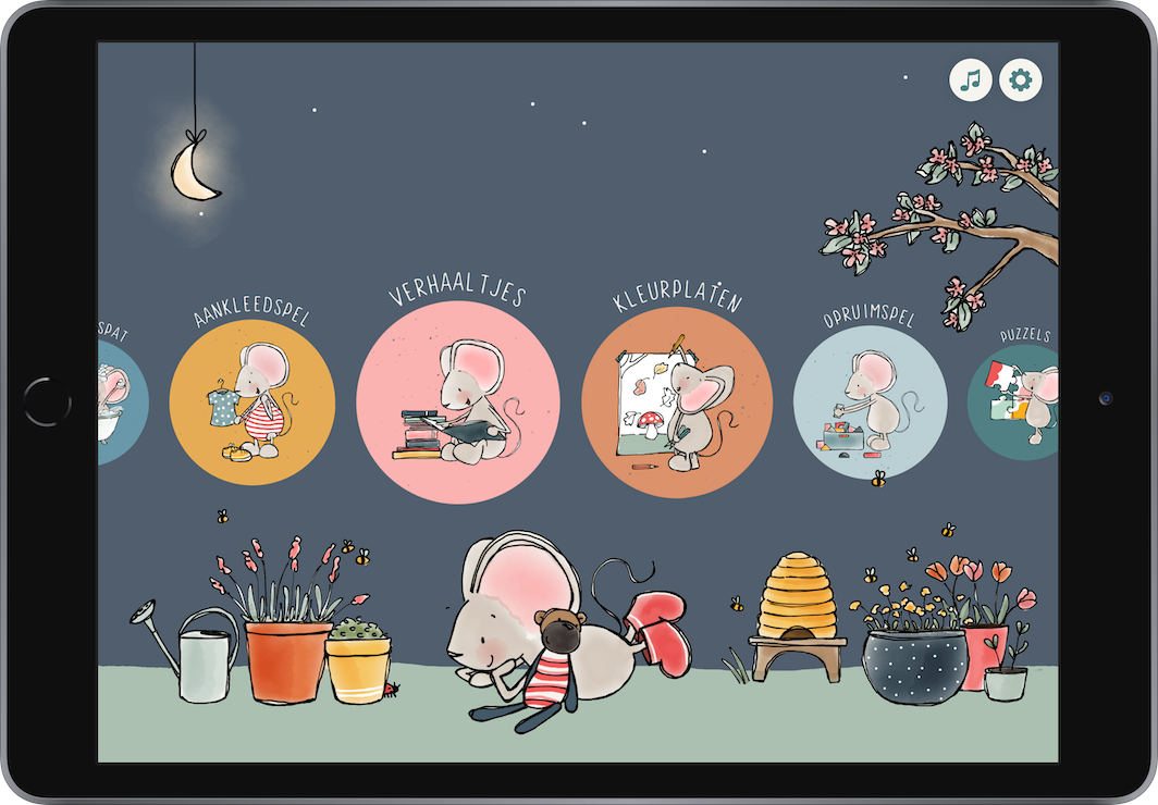 Thuis bij Muis on iPad – main menu at night