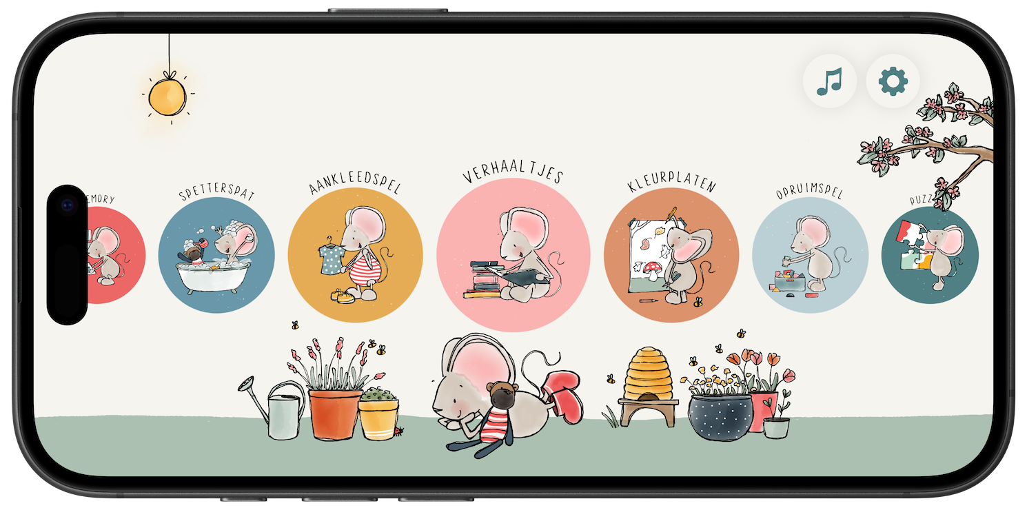Thuis bij Muis on iPhone – main menu with all seven games