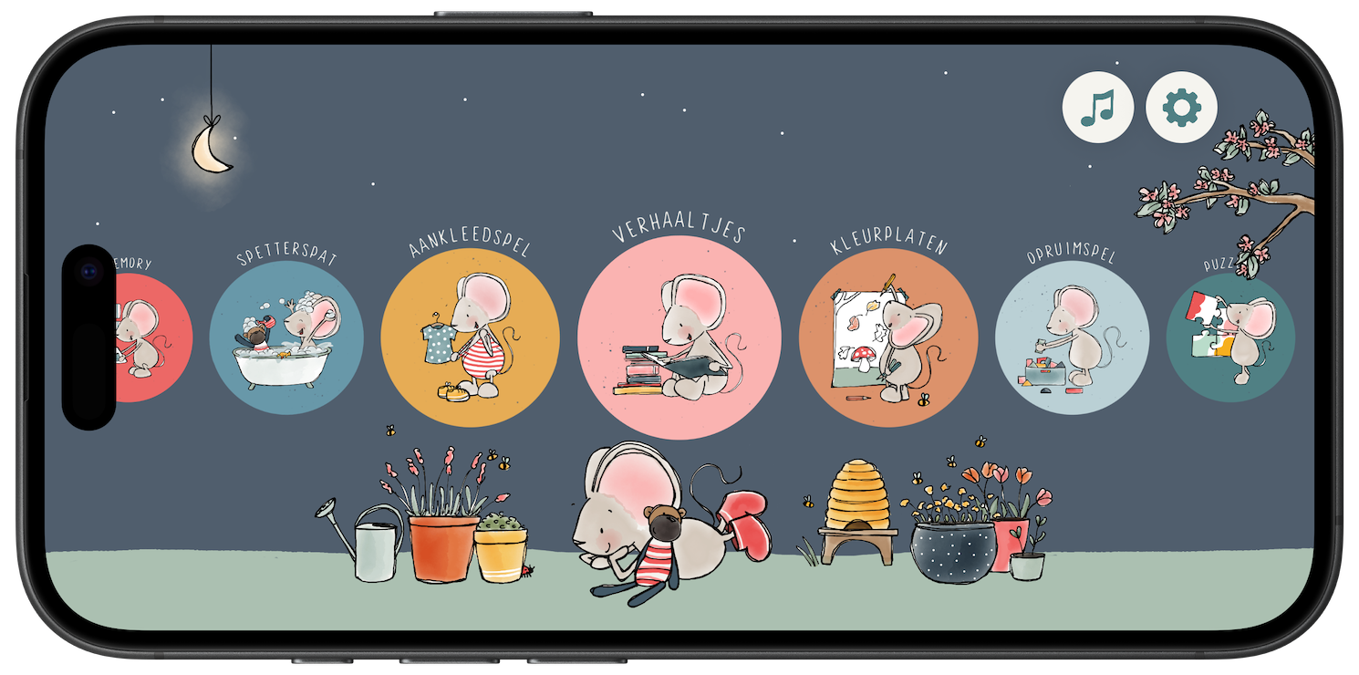 Thuis bij Muis on iPhone – main menu at night